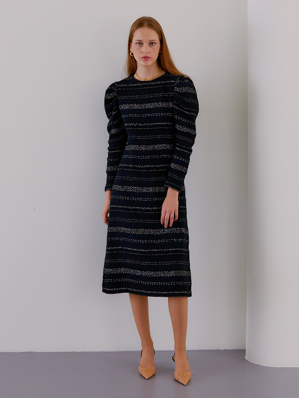 ﻿VERSA tweed kint A-line midi dress(Fabric by ITALY)