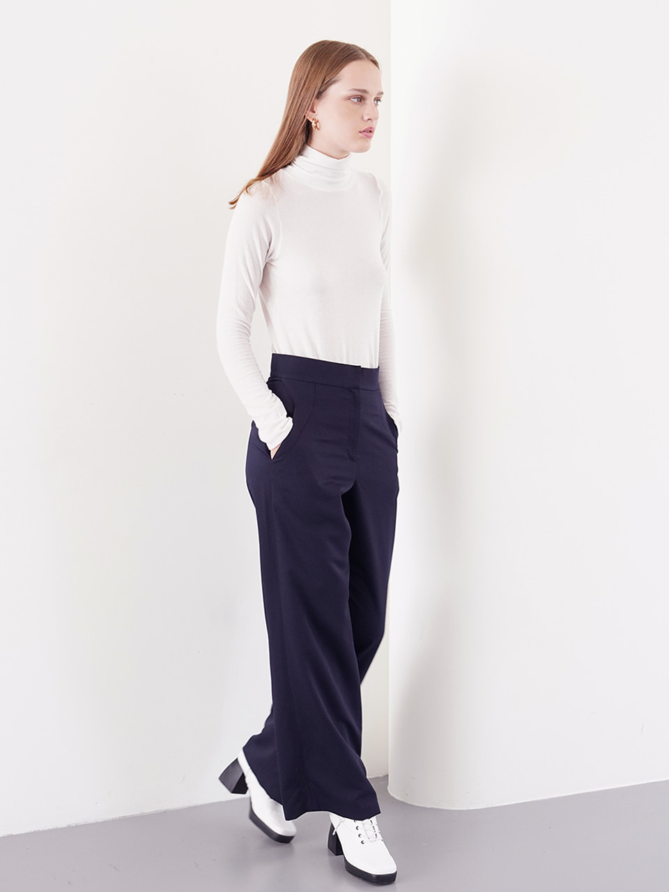 ﻿MARITA wool-blend semi-wide pants [DEEP NAVY]