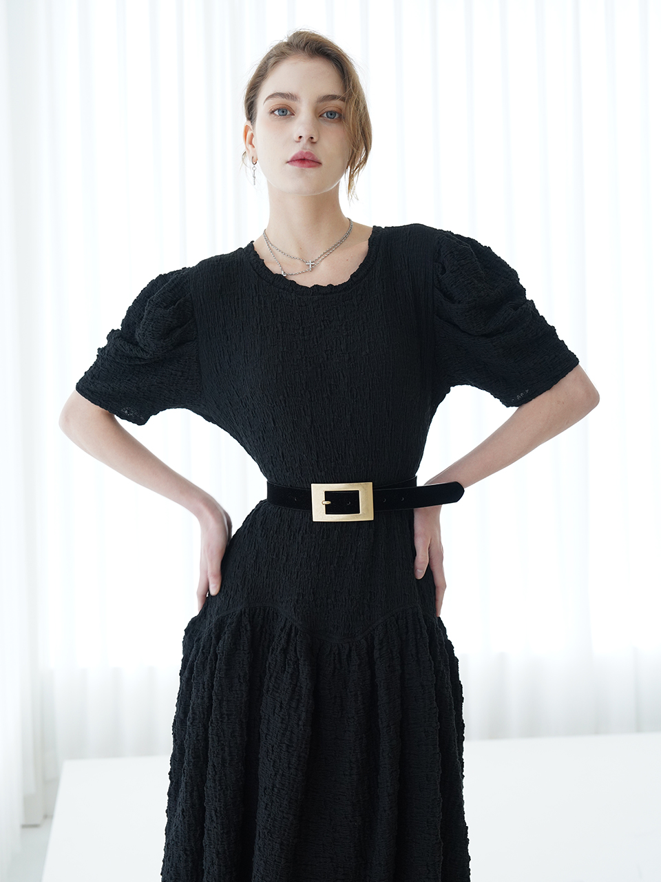 ﻿LUISA Puff-sleeve dress (BLACK)﻿