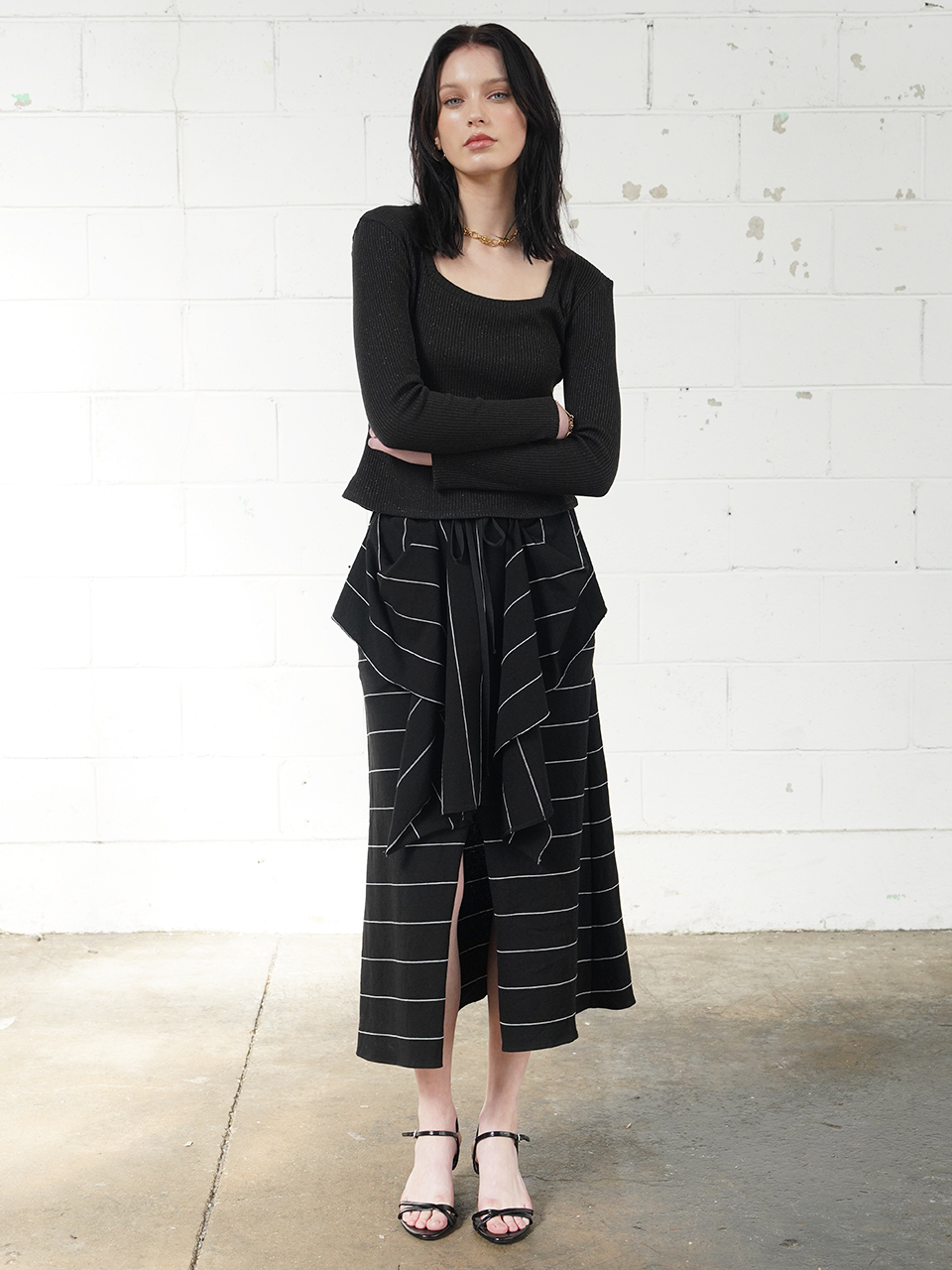 PERIS striped drape skirt (BLACK)