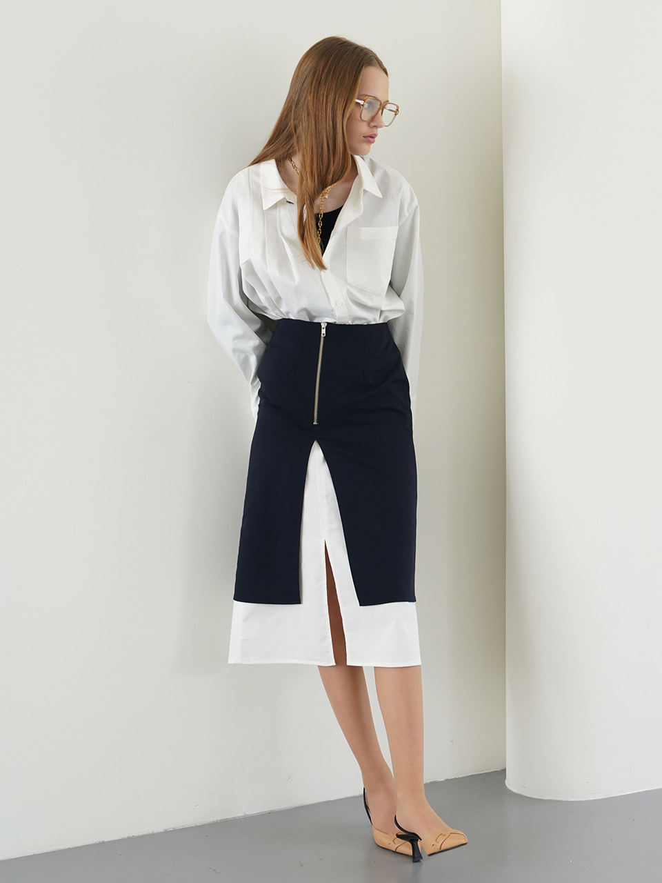 MARITA wool-blend layered skirt [DEEP NAVY]