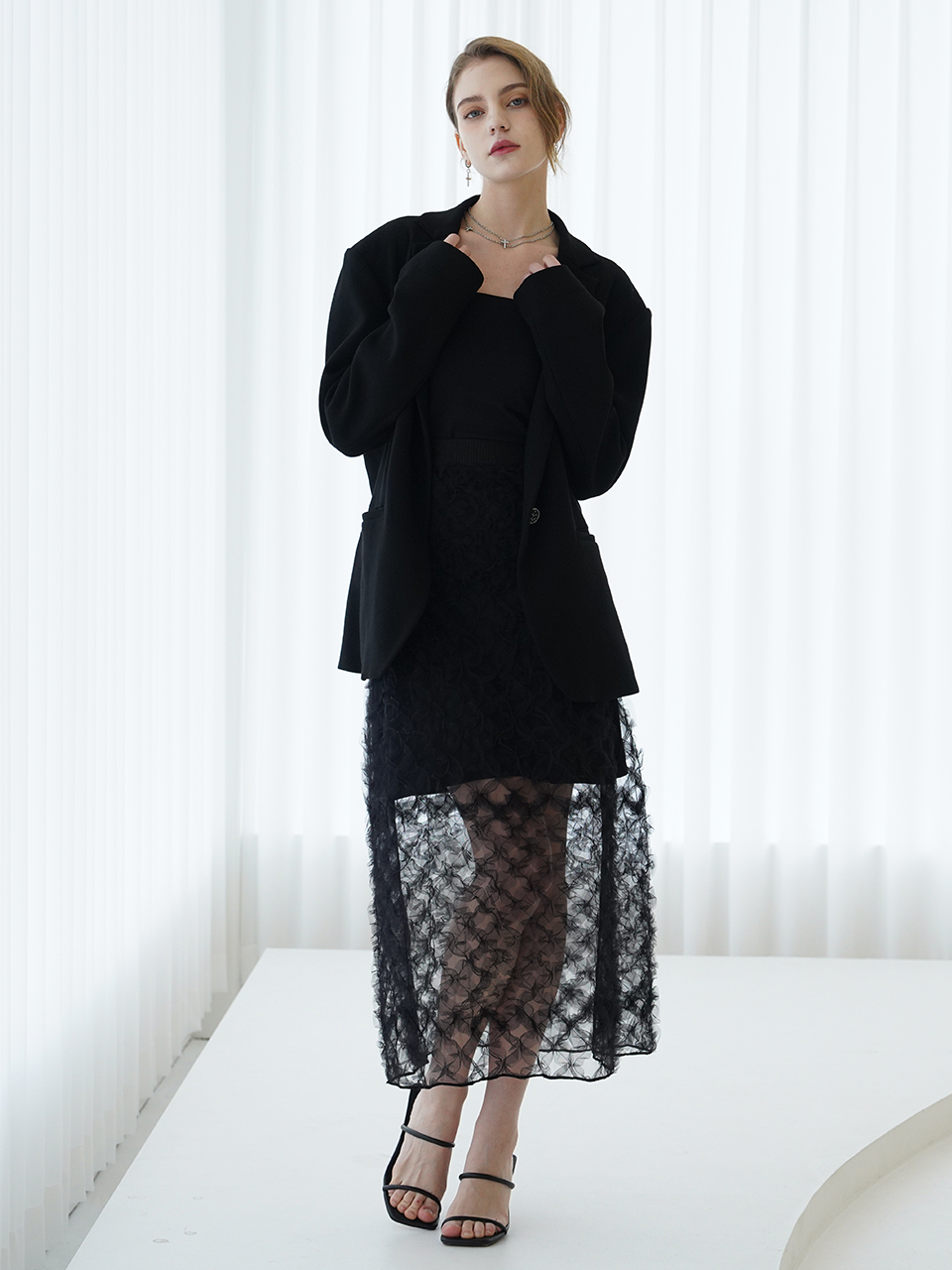 ﻿ROY See-through midi skirt (BLACK)﻿