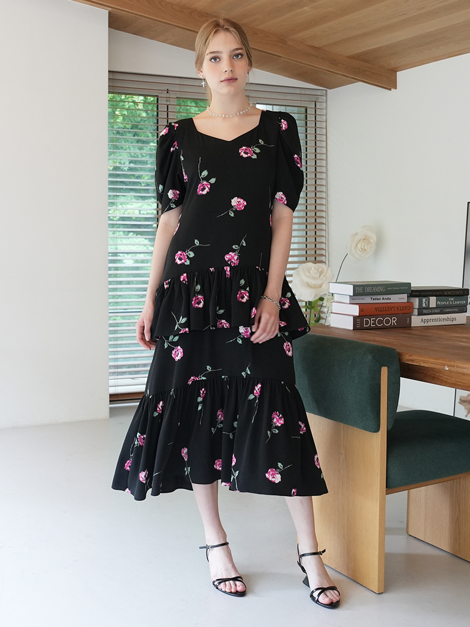 ﻿ROSE ruffled midi dress (BLACK)﻿
