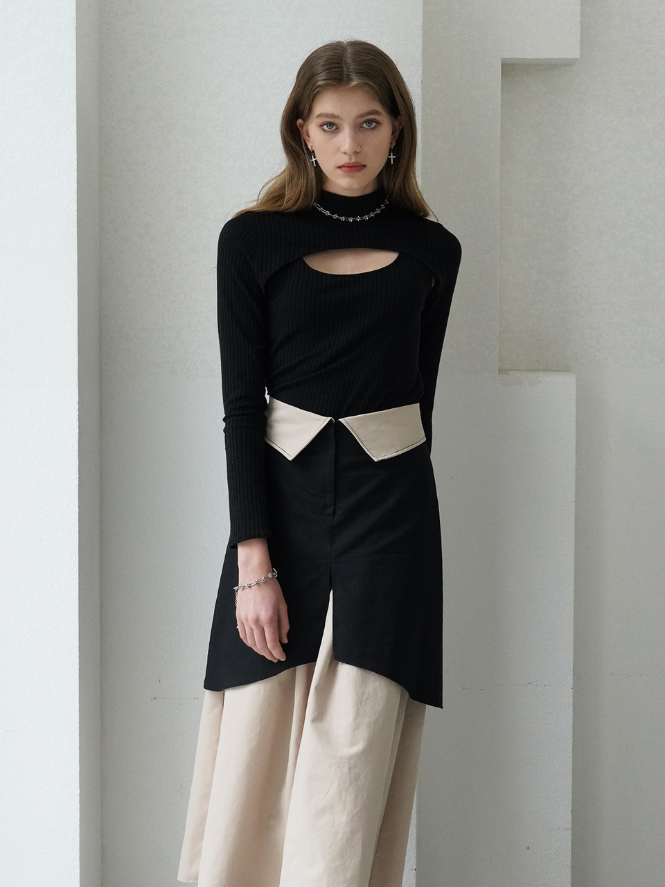 ﻿ISABEL layered skirt (BLACK &amp; BEIGE)